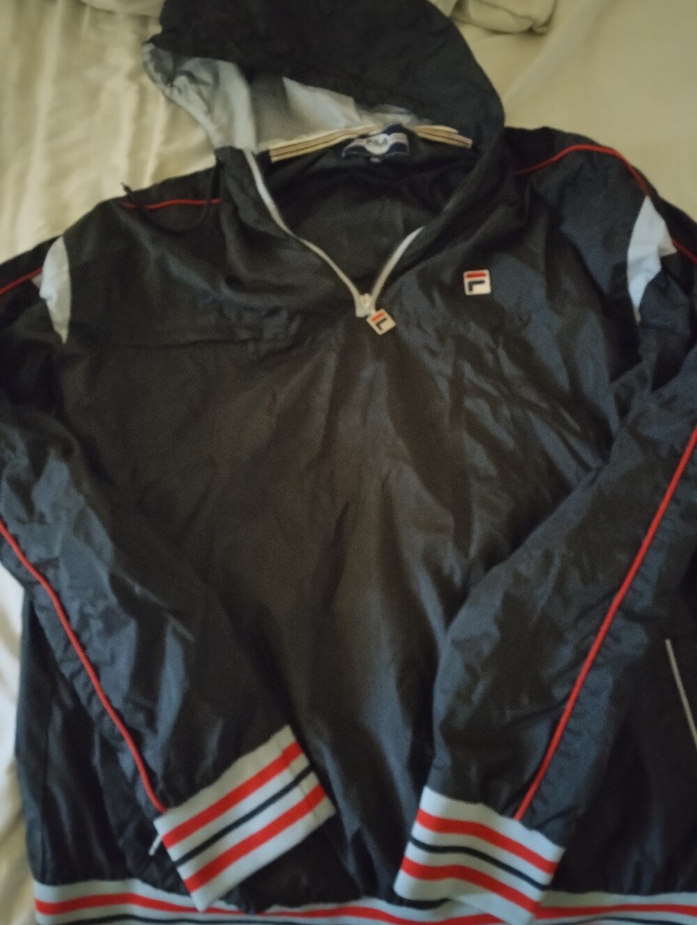 Fila Black Hooded Windbreaker with Red & White Striping